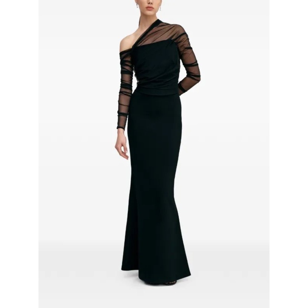 Marcella Monroe Dress One Shoulder Mesh Sleeve Medium Black Asymmetric Maxi Gown